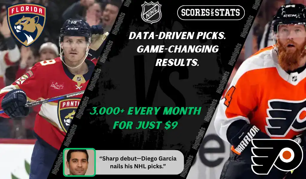 Florida Panthers player skates with the puck while Philadelphia Flyers forward looks on during NHL matchup promo for picks and predictions on October 9th, 2025.