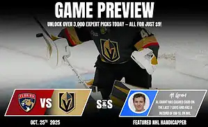 A goalie in a black and gold uniform prepares to make a save during a hockey match preview between Florida Panthers and Vegas Golden Knights.