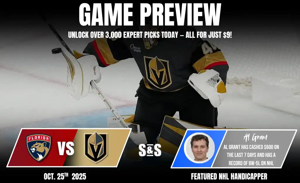 Previews 6 A goalie in a black and gold uniform prepares to make a save during a hockey match preview between Florida Panthers and Vegas Golden Knights.