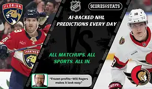 Florida Panthers skater in red uniform faces Ottawa Senators player in white jersey during NHL matchup promo for expert picks and predictions on October 11th, 2025.
