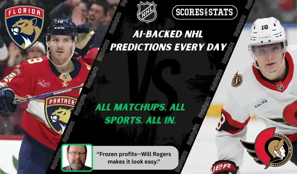 Florida Panthers skater in red uniform faces Ottawa Senators player in white jersey during NHL matchup promo for expert picks and predictions on October 11th, 2025.