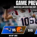 Home 21 An NFL game preview graphic featuring the Patriots vs. Browns matchup with October 26, 2025, and tips from expert handicapper TonyK.