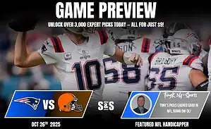 An NFL game preview graphic featuring the Patriots vs. Browns matchup with October 26, 2025, and tips from expert handicapper TonyK.