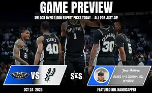 Image showcasing a game preview between the New Orleans Pelicans and San Antonio Spurs, featuring player jerseys and matchup details.