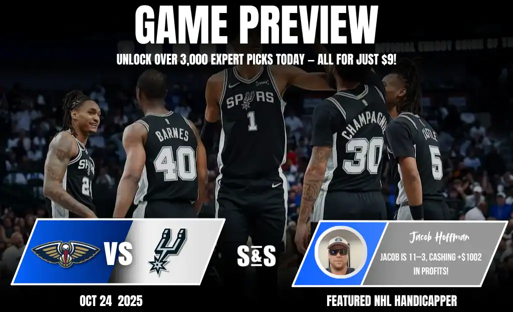 Previews 8 Image showcasing a game preview between the New Orleans Pelicans and San Antonio Spurs, featuring player jerseys and matchup details.
