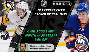 Pittsburgh Penguins player skates toward puck while New York Islanders player prepares to defend during NHL matchup promo for picks and predictions on October 9th, 2025.
