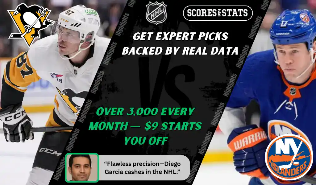 Pittsburgh Penguins player skates toward puck while New York Islanders player prepares to defend during NHL matchup promo for picks and predictions on October 9th, 2025.