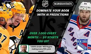 Pittsburgh Penguins players celebrate on the ice while a New York Rangers skater looks on during NHL matchup promo for expert picks and predictions on October 11th, 2025.