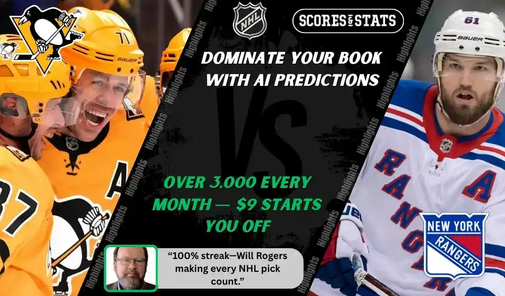 Pittsburgh Penguins players celebrate on the ice while a New York Rangers skater looks on during NHL matchup promo for expert picks and predictions on October 11th, 2025.