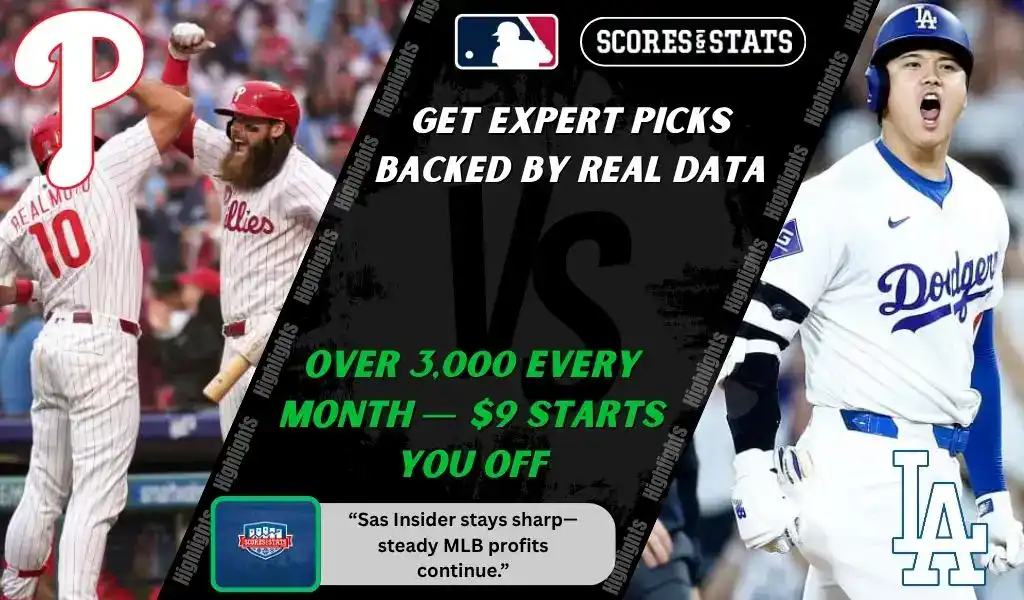 Philadelphia Phillies players celebrate while Los Angeles Dodgers batter reacts during a matchup promo for MLB picks and predictions on October 6th, 2025.