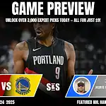 A game preview featuring the Portland Trail Blazers vs. Golden State Warriors, highlighting stats and a featured handicapper.