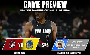 A game preview featuring the Portland Trail Blazers vs. Golden State Warriors, highlighting stats and a featured handicapper.