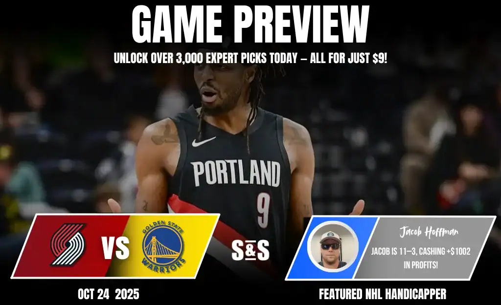 A game preview featuring the Portland Trail Blazers vs. Golden State Warriors, highlighting stats and a featured handicapper.