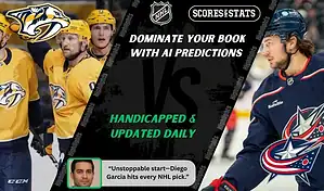 Nashville Predators players celebrate while Columbus Blue Jackets skater readies for play during NHL matchup promo for picks and predictions on October 9th, 2025.