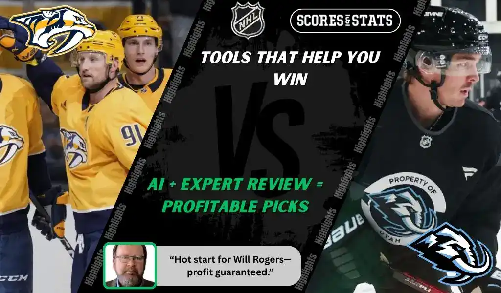 Nashville Predators players celebrate on the ice while Utah Mammoth skater prepares for play during NHL matchup promo for picks and predictions on October 11th, 2025.