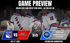A promotional image for an NHL game preview featuring the New York Rangers versus the Washington Capitals on October 8th, 2025.