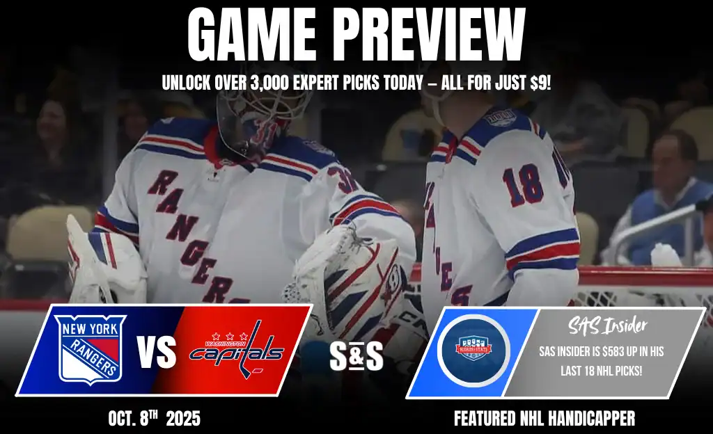 A promotional image for an NHL game preview featuring the New York Rangers versus the Washington Capitals on October 8th, 2025.