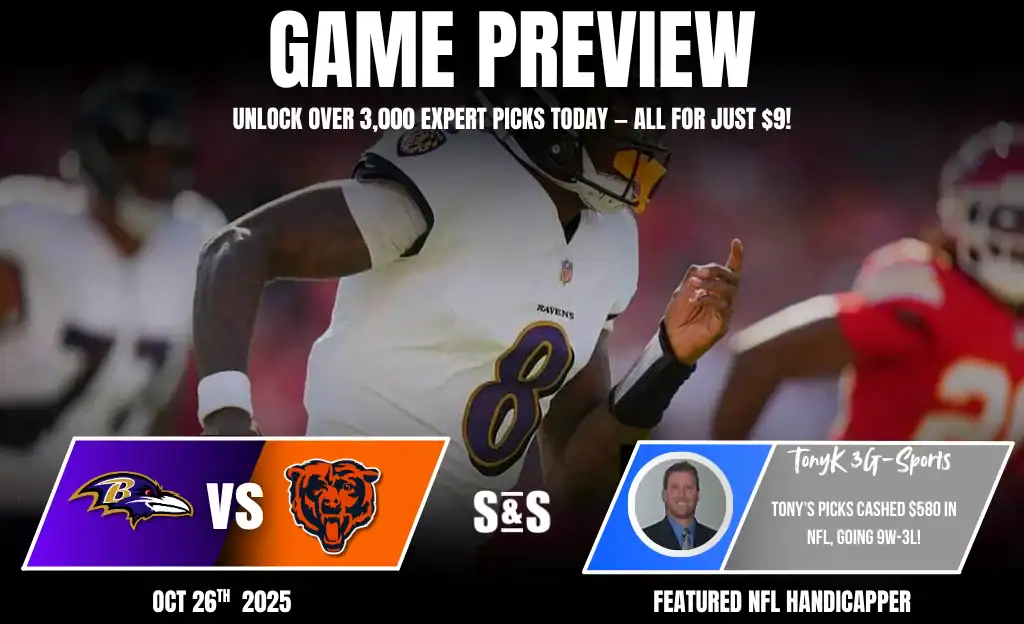 Previews 7 Game preview for Ravens vs. Bears. Highlighting expert picks available for $9, showcasing a player's dynamic motion.