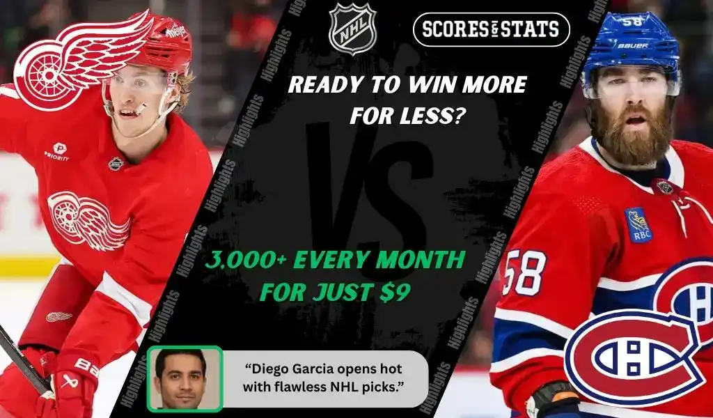 Detroit Red Wings player skates with the puck while Montréal Canadiens defenseman looks on during NHL matchup promo for picks and predictions on October 9th, 2025.