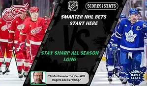 Detroit Red Wings players in red uniforms face Toronto Maple Leafs skaters in blue during NHL matchup promo for expert picks and predictions on October 11th, 2025.