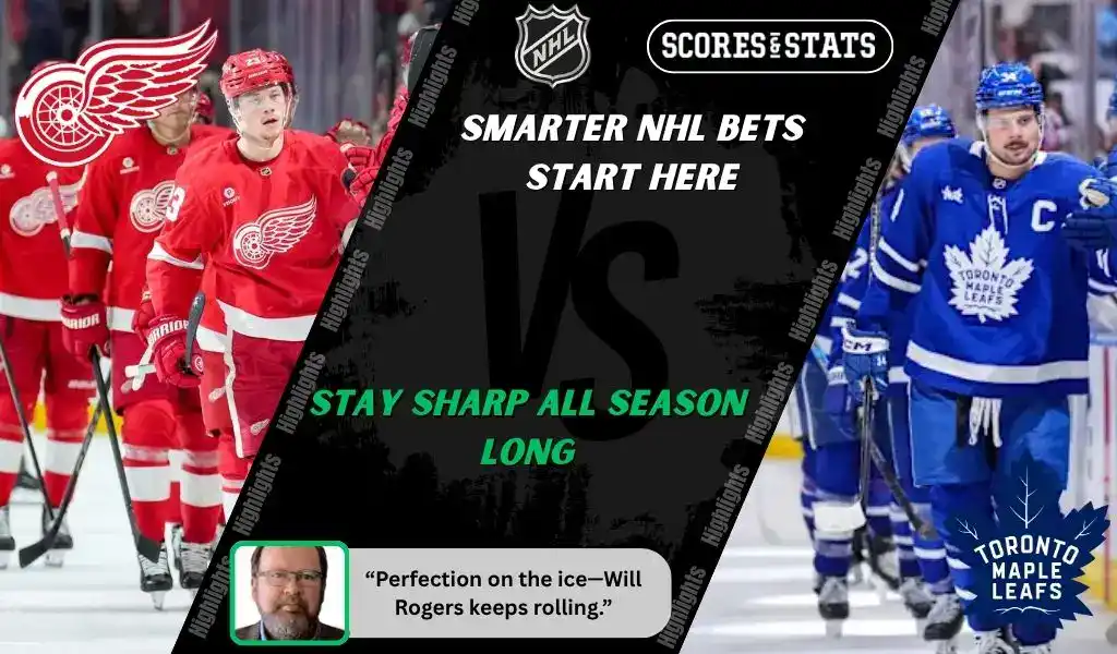 Detroit Red Wings players in red uniforms face Toronto Maple Leafs skaters in blue during NHL matchup promo for expert picks and predictions on October 11th, 2025.