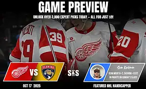 Two hockey players in red jerseys with the Detroit Red Wings logo, preparing for a game against the Florida Panthers. Game details displayed.