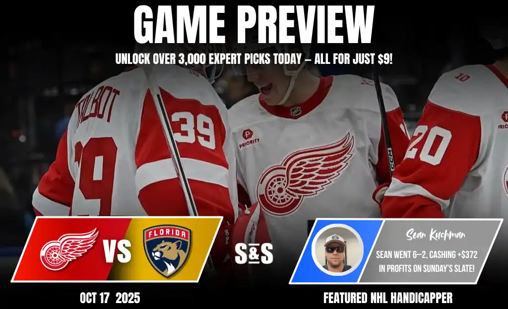 Two hockey players in red jerseys with the Detroit Red Wings logo, preparing for a game against the Florida Panthers. Game details displayed.