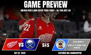 A game preview graphic featuring the Detroit Red Wings vs. the Buffalo Sabres with statistics and expert picks for NHL betting.