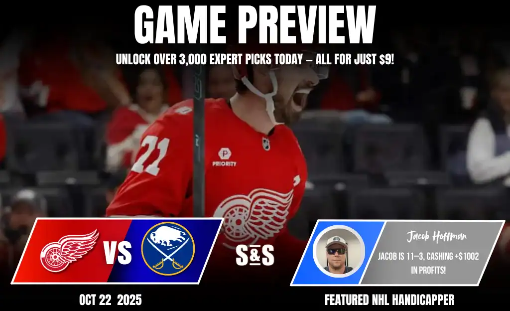 A game preview graphic featuring the Detroit Red Wings vs. the Buffalo Sabres with statistics and expert picks for NHL betting.