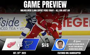A game preview graphic featuring an ice hockey matchup between the Detroit Red Wings and St. Louis Blues, with betting tips.