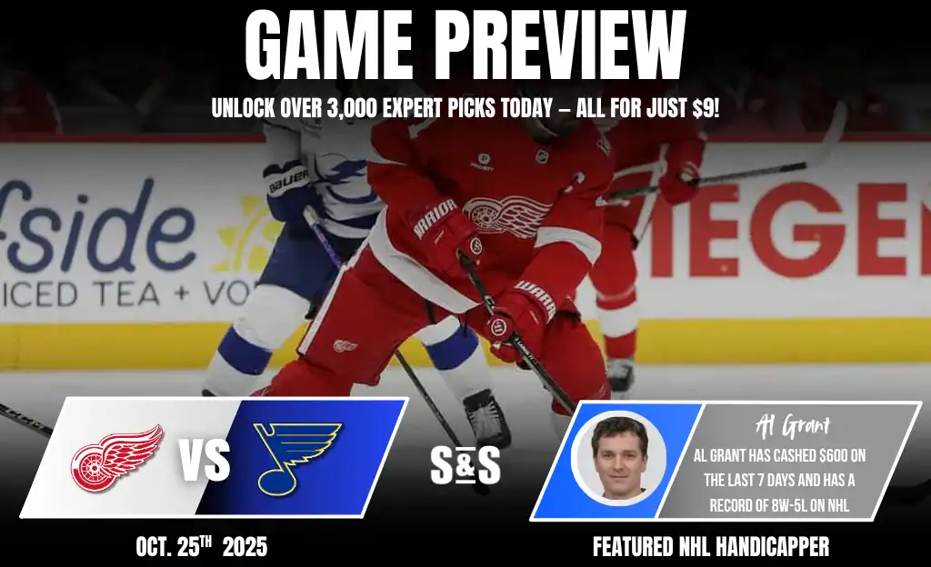 Detroit Red Wings vs St. Louis Blues Picks and Predictions October 25th 2025 1 A game preview graphic featuring an ice hockey matchup between the Detroit Red Wings and St. Louis Blues, with betting tips.