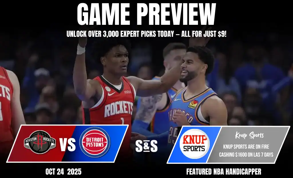 Game preview graphic featuring the Houston Rockets vs. Detroit Pistons. Promotion for Knup Sports and expert picks with price details.