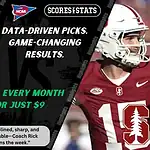 SMU Mustangs wide receiver celebrates while Stanford Cardinal quarterback prepares to throw during NCAA football matchup promo for picks and predictions on October 11th, 2025.