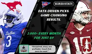 SMU Mustangs wide receiver celebrates while Stanford Cardinal quarterback prepares to throw during NCAA football matchup promo for picks and predictions on October 11th, 2025.