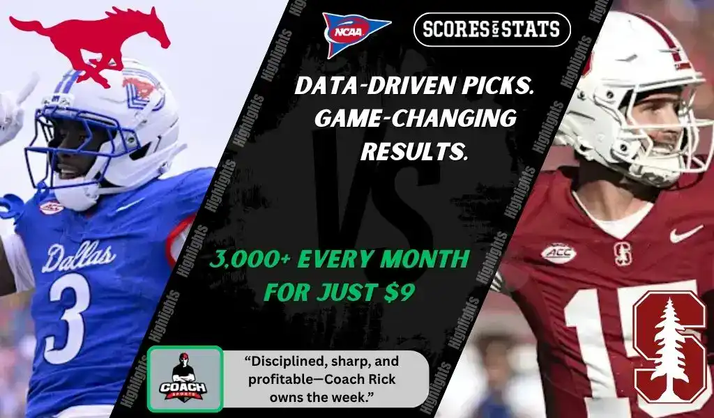 SMU Mustangs wide receiver celebrates while Stanford Cardinal quarterback prepares to throw during NCAA football matchup promo for picks and predictions on October 11th, 2025.
