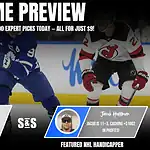 A hockey game preview featuring the Buffalo Sabres vs. Toronto Maple Leafs, with promotional details and a highlighted handicapper.