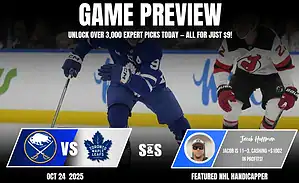 A hockey game preview featuring the Buffalo Sabres vs. Toronto Maple Leafs, with promotional details and a highlighted handicapper.