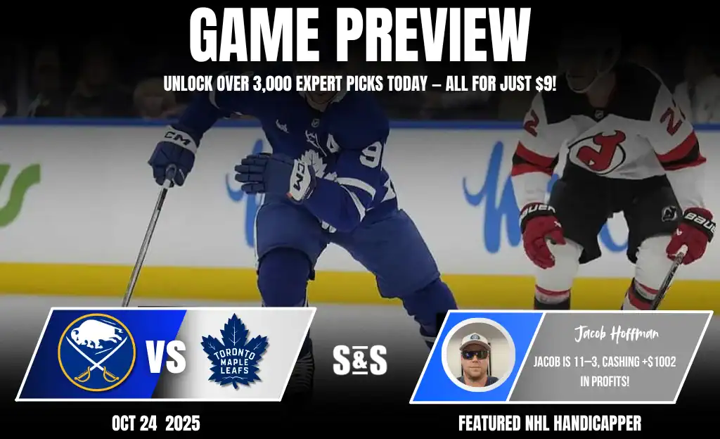 A hockey game preview featuring the Buffalo Sabres vs. Toronto Maple Leafs, with promotional details and a highlighted handicapper.