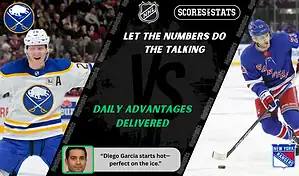 Buffalo Sabres player celebrates while New York Rangers skater controls the puck during NHL matchup promo for picks and predictions on October 9th, 2025.