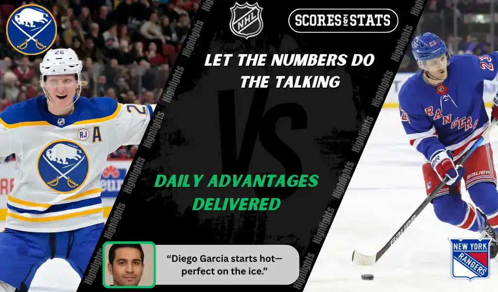 Buffalo Sabres player celebrates while New York Rangers skater controls the puck during NHL matchup promo for picks and predictions on October 9th, 2025.