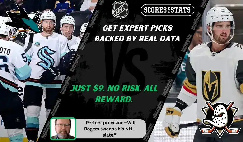 San Jose Sharks players gather on the ice while Anaheim Ducks player skates during NHL matchup promo for picks and predictions on October 11th, 2025.
