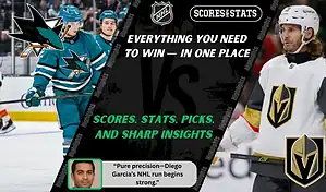 San Jose Sharks players celebrate while Vegas Golden Knights player looks on during NHL matchup promo for picks and predictions on October 9th, 2025.