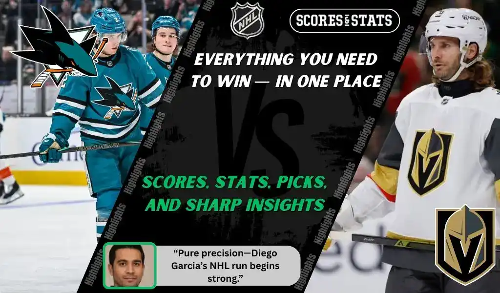 San Jose Sharks players celebrate while Vegas Golden Knights player looks on during NHL matchup promo for picks and predictions on October 9th, 2025.