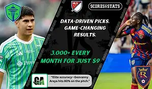 Seattle Sounders FC player focuses on play while Real Salt Lake player celebrates during MLS matchup promo for picks and predictions on October 11th, 2025.