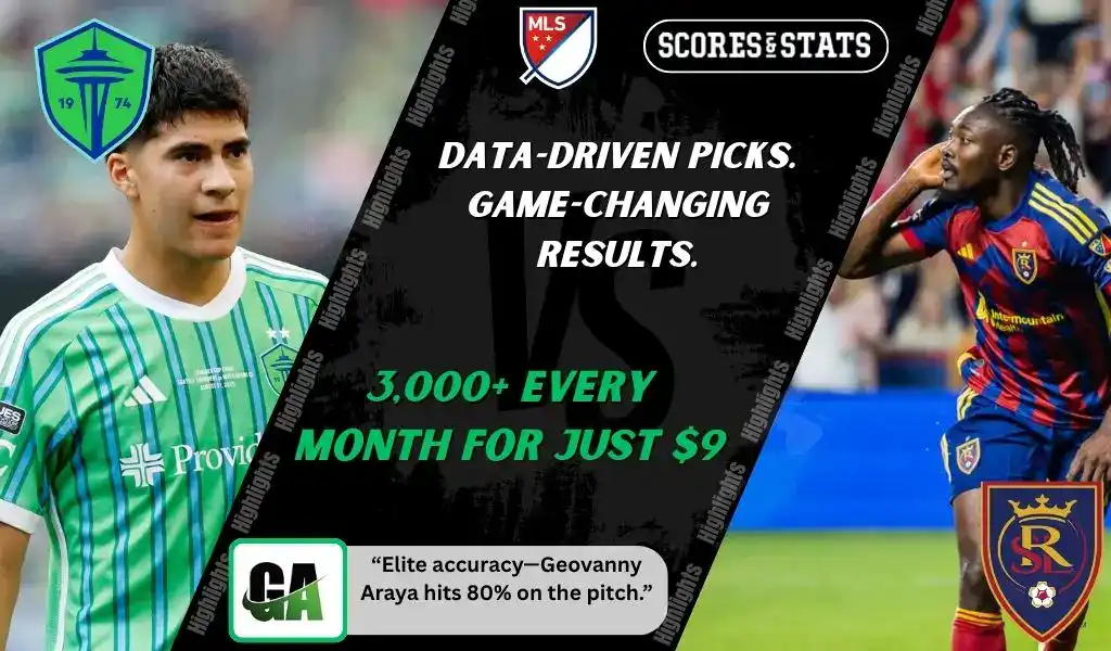 Seattle Sounders FC player focuses on play while Real Salt Lake player celebrates during MLS matchup promo for picks and predictions on October 11th, 2025.