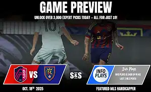 Game preview graphic for an upcoming match between City SC and RSL on October 18, 2025, featuring player images and betting information.