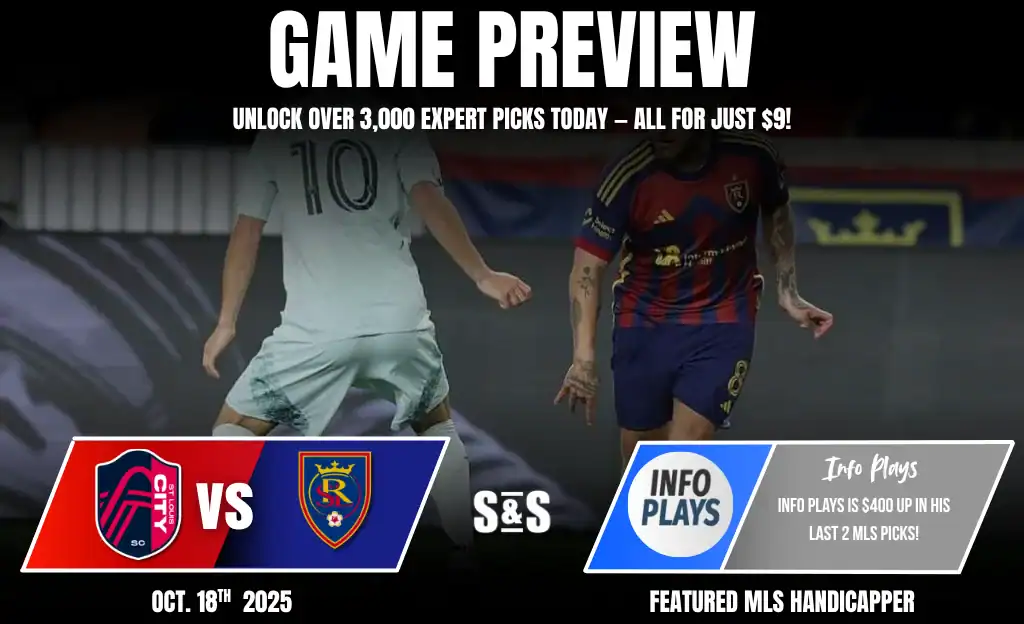 Game preview graphic for an upcoming match between City SC and RSL on October 18, 2025, featuring player images and betting information.