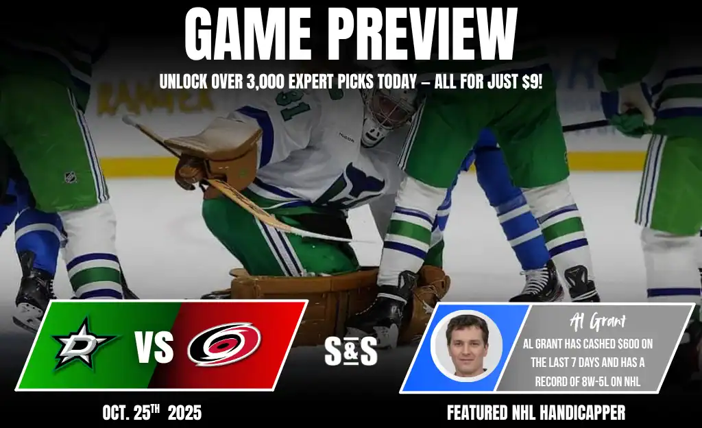 Previews 10 A hockey game preview featuring the Dallas Stars vs. Carolina Hurricanes, with statistics and expert insights displayed prominently.