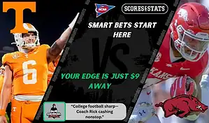 Tennessee Volunteers quarterback celebrates while Arkansas Razorbacks player prepares for a play during NCAA football matchup promo for picks and predictions on October 11th, 2025.