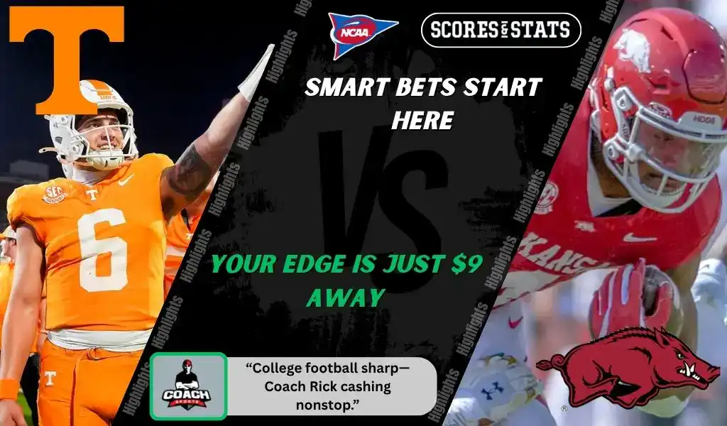 Tennessee Volunteers quarterback celebrates while Arkansas Razorbacks player prepares for a play during NCAA football matchup promo for picks and predictions on October 11th, 2025.
